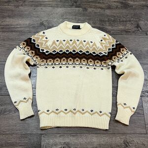 Vintage Akinsor Nordic Fair Isle Knit Sweater Cream Brown Made in Taiwan